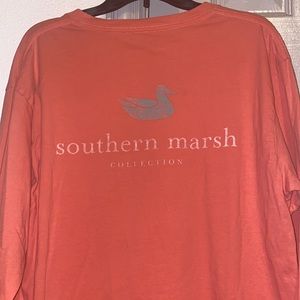 Southern Marsh t shirt. Coral with green writing. Size L.